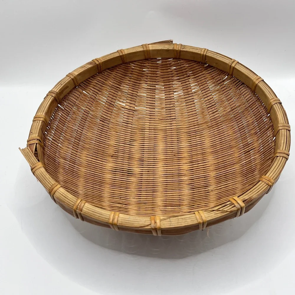 Vintage Woven Winnowing Basket Round Shallow Boho Wall Decor 12.5in